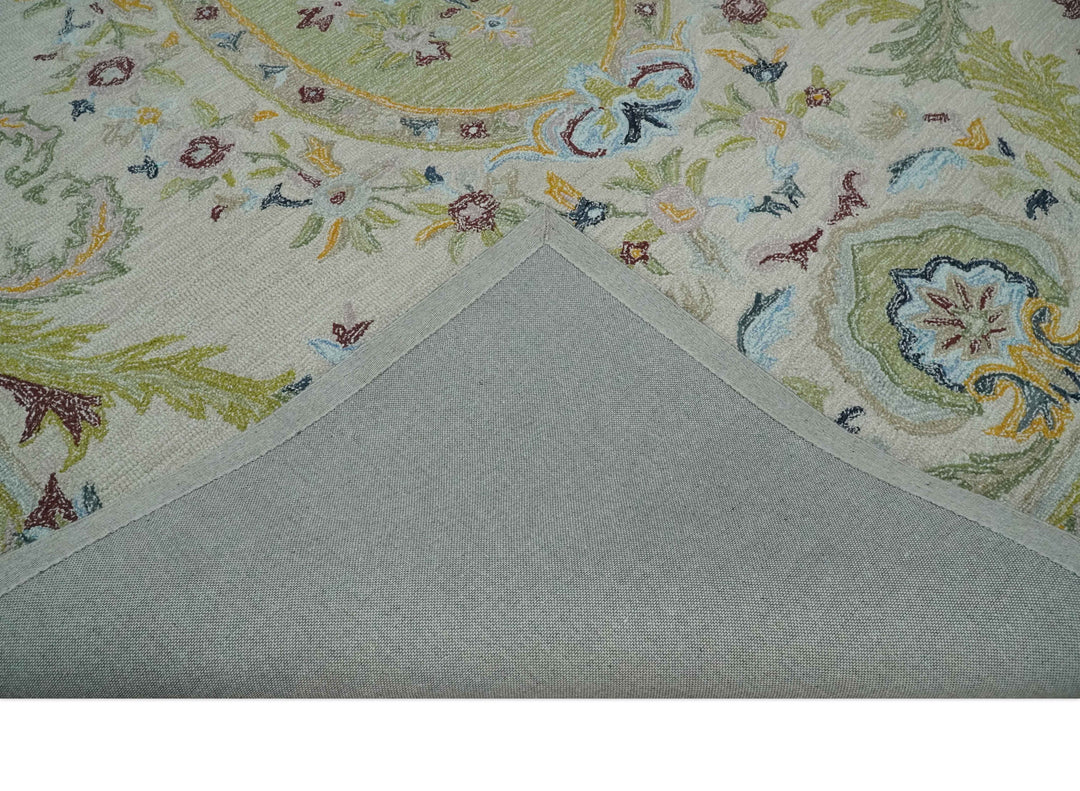 Ivory and Green 8x10 French Design Aubusson Hand Tufted Wool Area Rug
