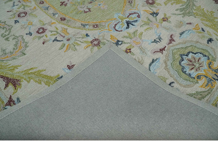 Ivory and Green 8x10 French Design Aubusson Hand Tufted Wool Area Rug