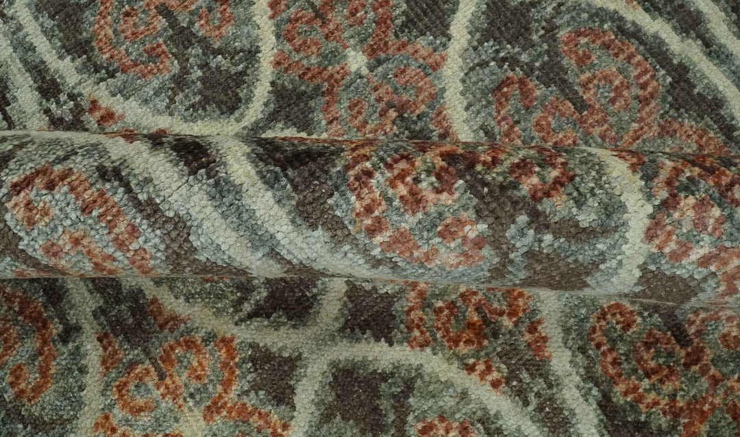 Geometrical Floral Design 5x8.6 Charcoal, Ivory and Rust Hand Knotted wool rug