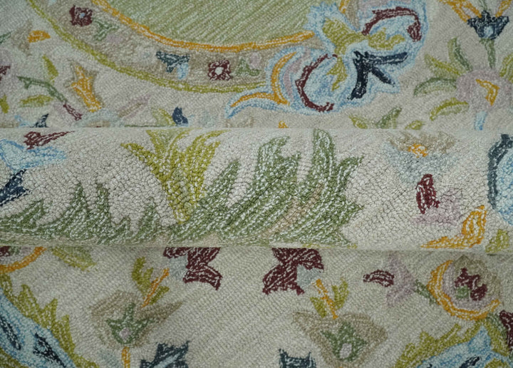 Ivory and Green 8x10 French Design Aubusson Hand Tufted Wool Area Rug