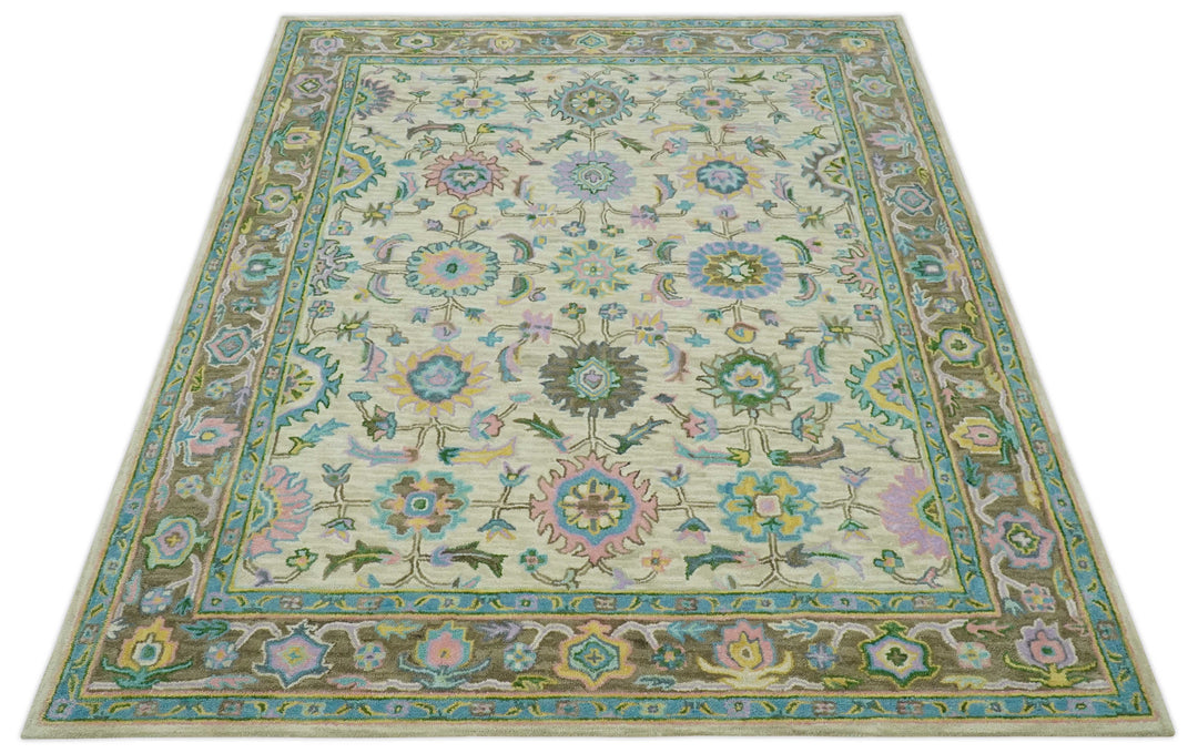 Vibrant Colorful Beige, Blue and Purple Traditional Floral Hand Tufted 8x10 wool rug