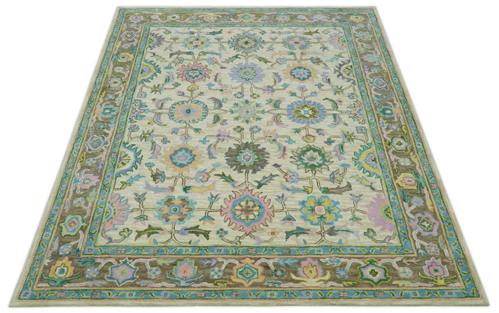 Vibrant Colorful Beige, Blue and Purple Traditional Floral Hand Tufted 8x10 wool rug