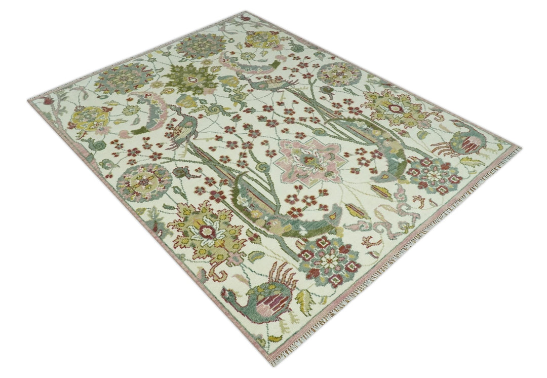8x10 Peacock Garden Ivory and Green Bird Hand Knotted Wool Area Rug - The Rug Decor