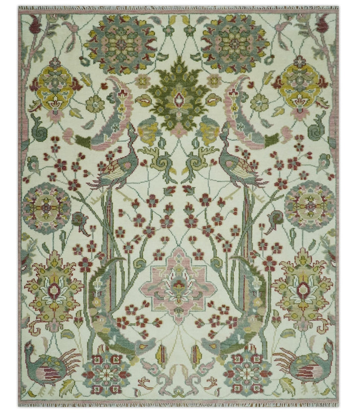 8x10 Peacock Garden Ivory and Green Bird Hand Knotted Wool Area Rug - The Rug Decor