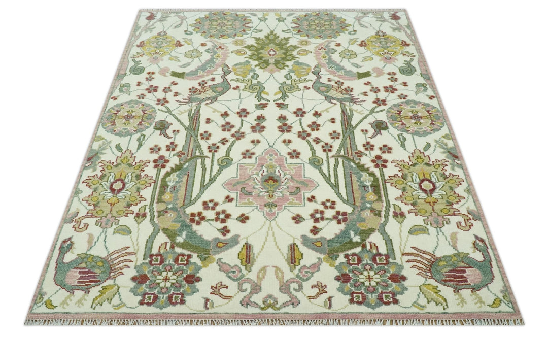 8x10 Peacock Garden Ivory and Green Bird Hand Knotted Wool Area Rug - The Rug Decor