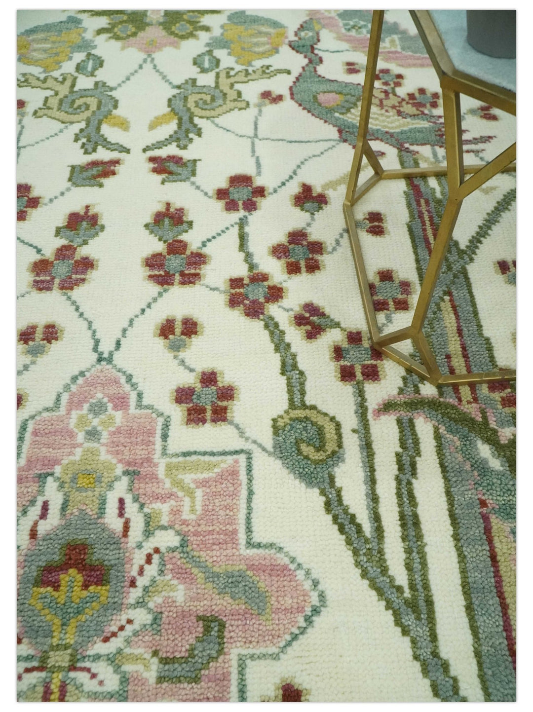 8x10 Peacock Garden Ivory and Green Bird Hand Knotted Wool Area Rug - The Rug Decor