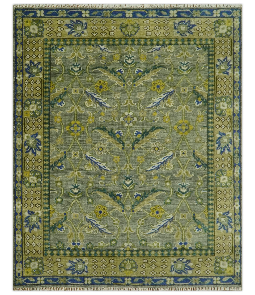8x10 Traditional Floral Green and Blue Hand Knotted wool area rug - The Rug Decor