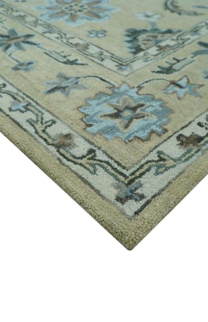 Custom Made Beige, Ivory and Blue Hand Tufted Floral Oriental Oushak wool area rug