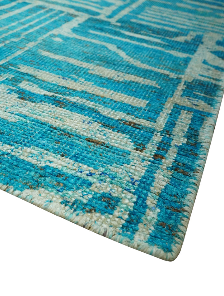 Modern stripes design Blue and Beige 5x8 Hand knotted wool area rug