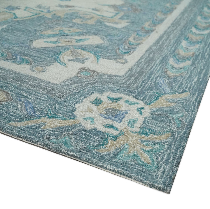 French Design Aubusson 8x10 Ivory and Blue Hand Tufted Wool Area Rug