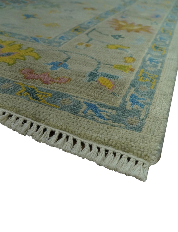 Beige and Blue Hand Knotted 8x10 Traditional Floral wool area rug