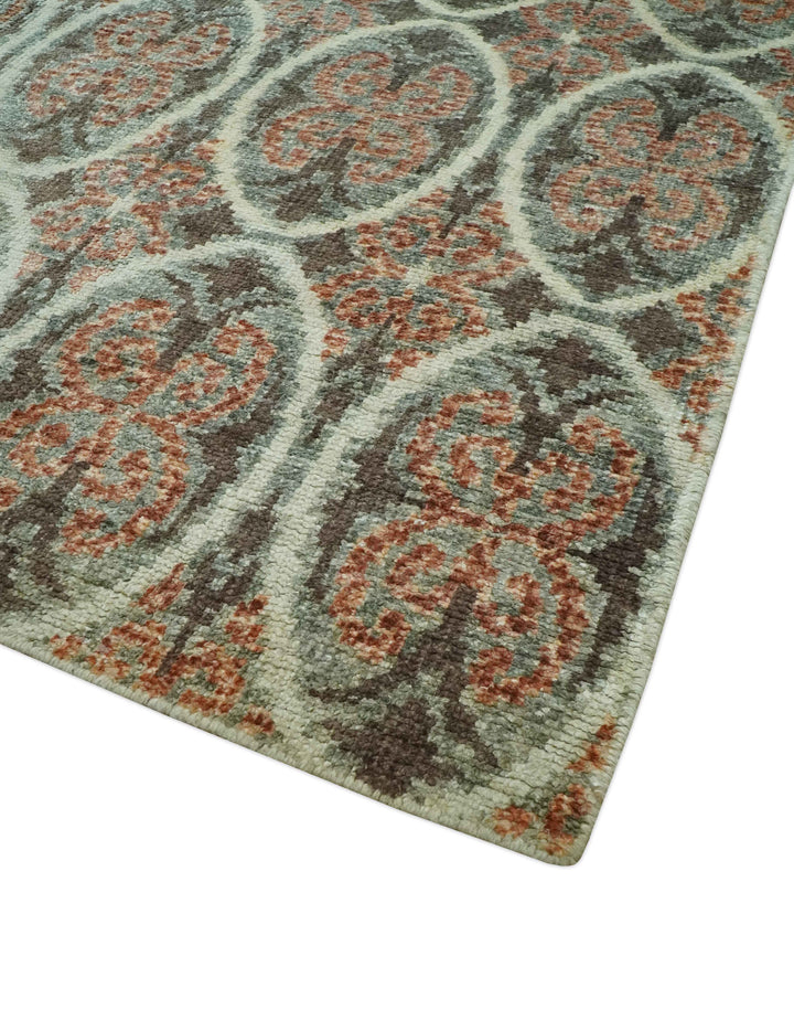 Geometrical Floral Design 5x8.6 Charcoal, Ivory and Rust Hand Knotted wool rug