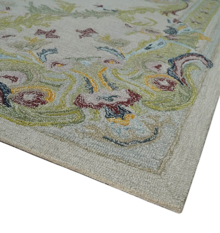Ivory and Green 8x10 French Design Aubusson Hand Tufted Wool Area Rug