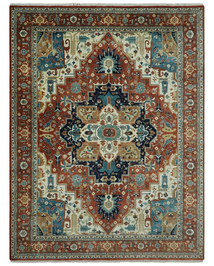 9x12 Fine Hand Knotted Rust, Ivory and Teal Traditional Heriz wool area rug - The Rug Decor