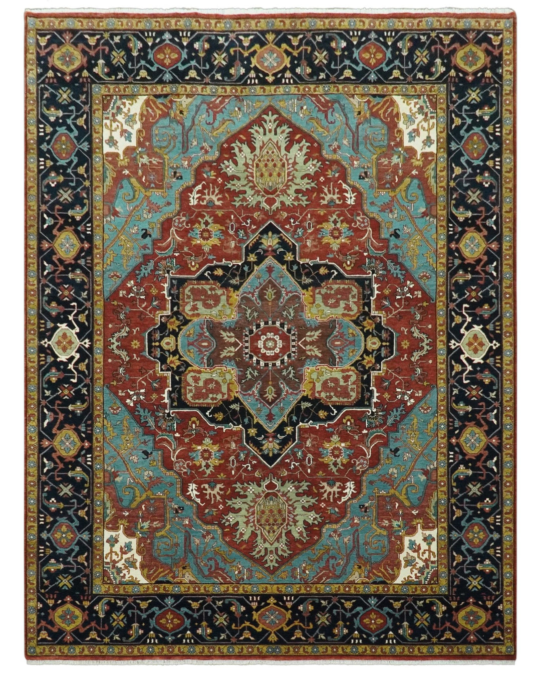 9x12 Hand Knotted Rust, Aqua and Blue Traditional Heriz Vintage Style Wool Rug - The Rug Decor