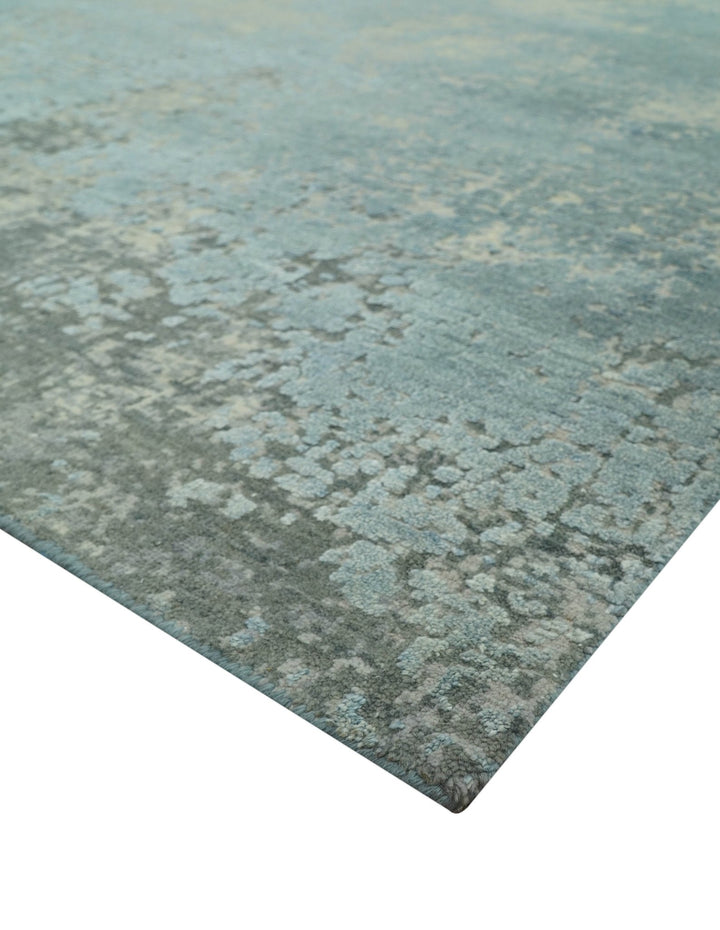 Abstract Design Blue, Beige And Gray 8x10 Hand Knotted Wool and Bamboo Silk Rug - The Rug Decor