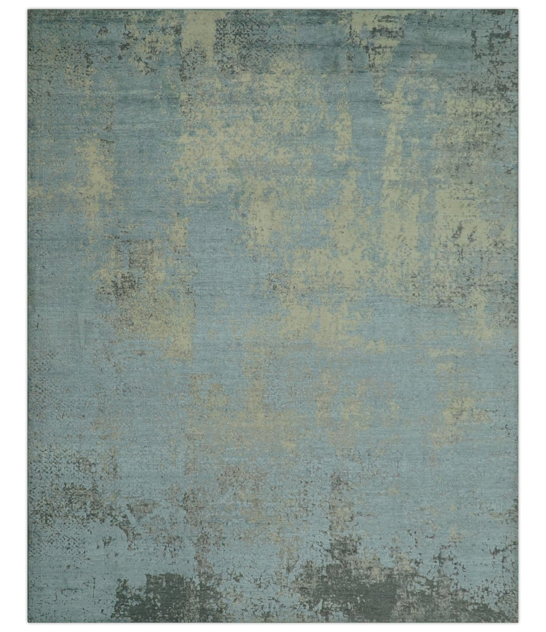 Abstract Design Blue, Beige And Gray 8x10 Hand Knotted Wool and Bamboo Silk Rug - The Rug Decor