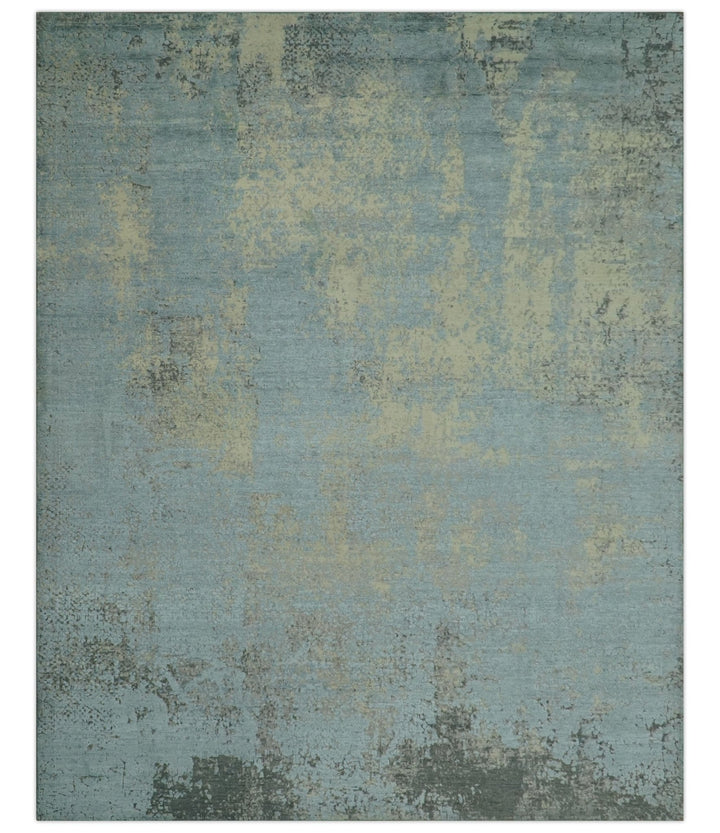 Abstract Design Blue, Beige And Gray 8x10 Hand Knotted Wool and Bamboo Silk Rug - The Rug Decor