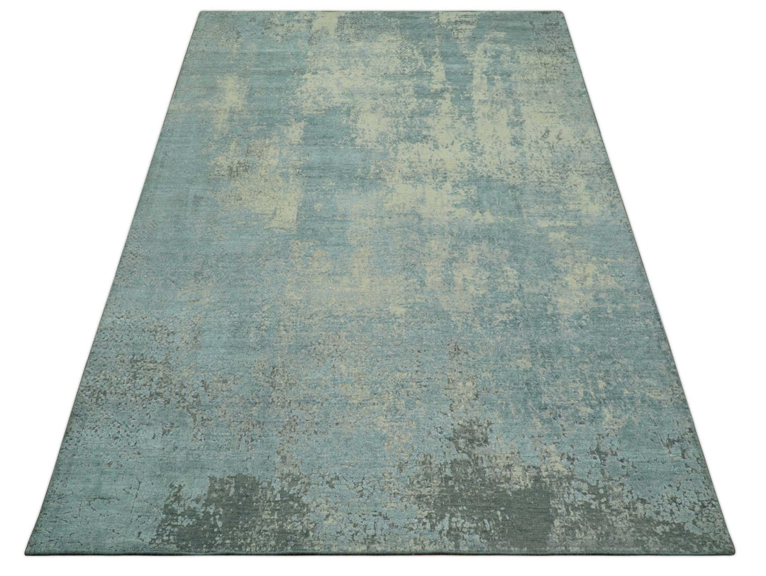 Abstract Design Blue, Beige And Gray 8x10 Hand Knotted Wool and Bamboo Silk Rug - The Rug Decor