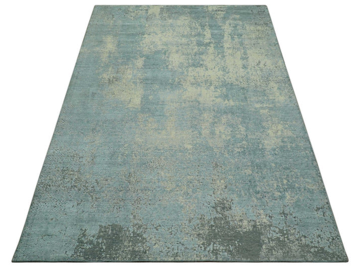Abstract Design Blue, Beige And Gray 8x10 Hand Knotted Wool and Bamboo Silk Rug - The Rug Decor