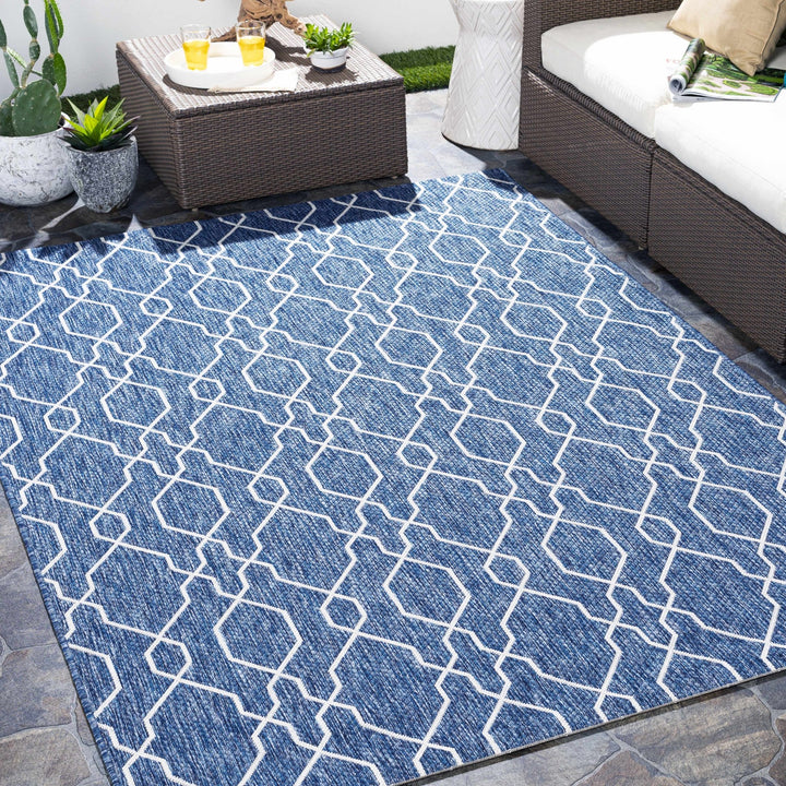 Aldford Denim Modern Geometrical Blue And Cream Machine Woven Outdoor Carpet - The Rug Decor