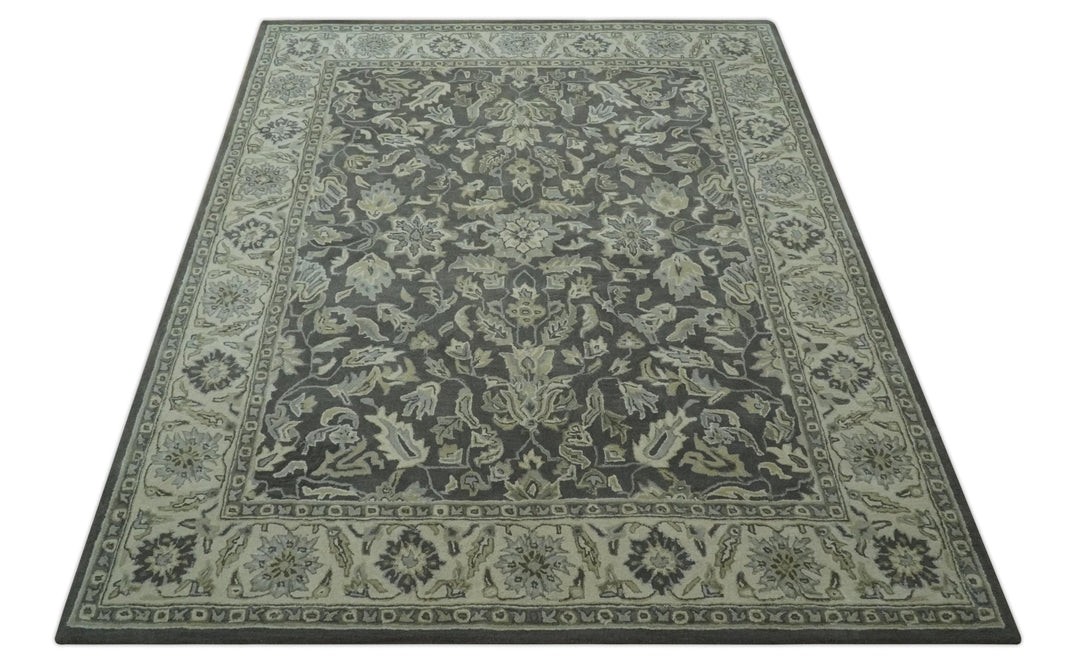 Antique Design 8x10 Charcoal and Beige Traditional Floral Hand Tufted rug - The Rug Decor