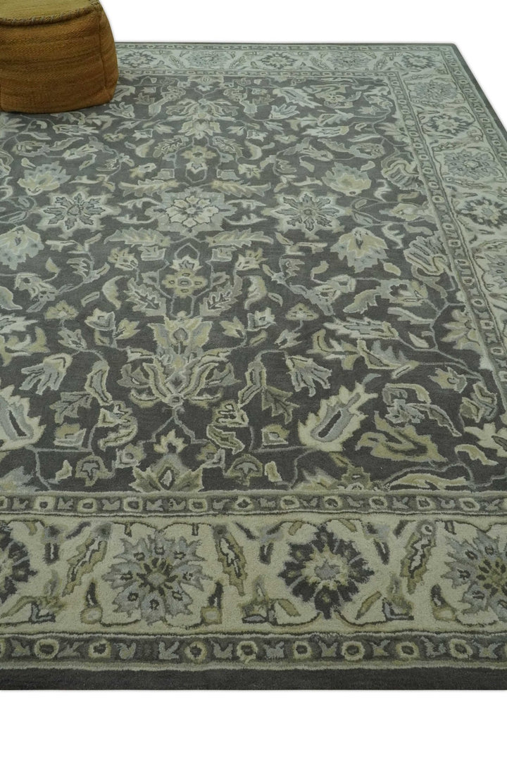 Antique Design 8x10 Charcoal and Beige Traditional Floral Hand Tufted rug - The Rug Decor