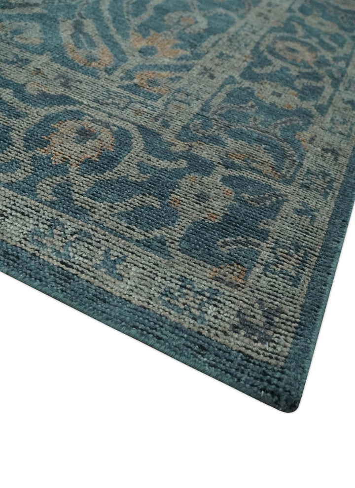 Antique Design Teal, Silver and Dark Peach Hand Knotted Traditional Design 8x10 wool Area rug - The Rug Decor
