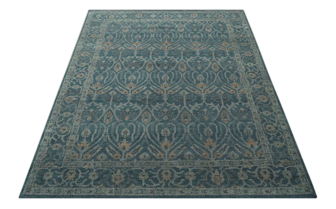 Antique Design Teal, Silver and Dark Peach Hand Knotted Traditional Design 8x10 wool Area rug - The Rug Decor