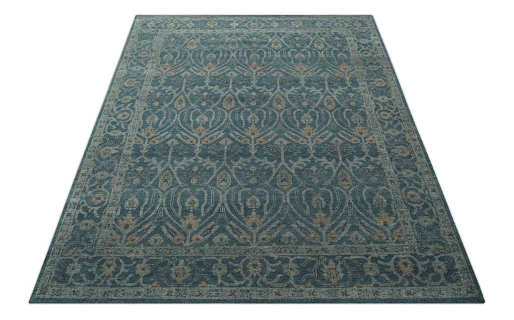 Antique Design Teal, Silver and Dark Peach Hand Knotted Traditional Design 8x10 wool Area rug - The Rug Decor
