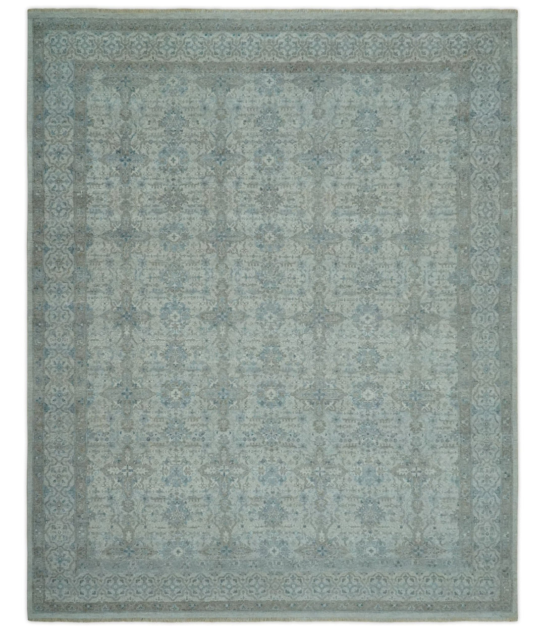 Antique Distress finish Silver, Teal and Brown Hand Knotted Traditional 8x10 wool Rug - The Rug Decor