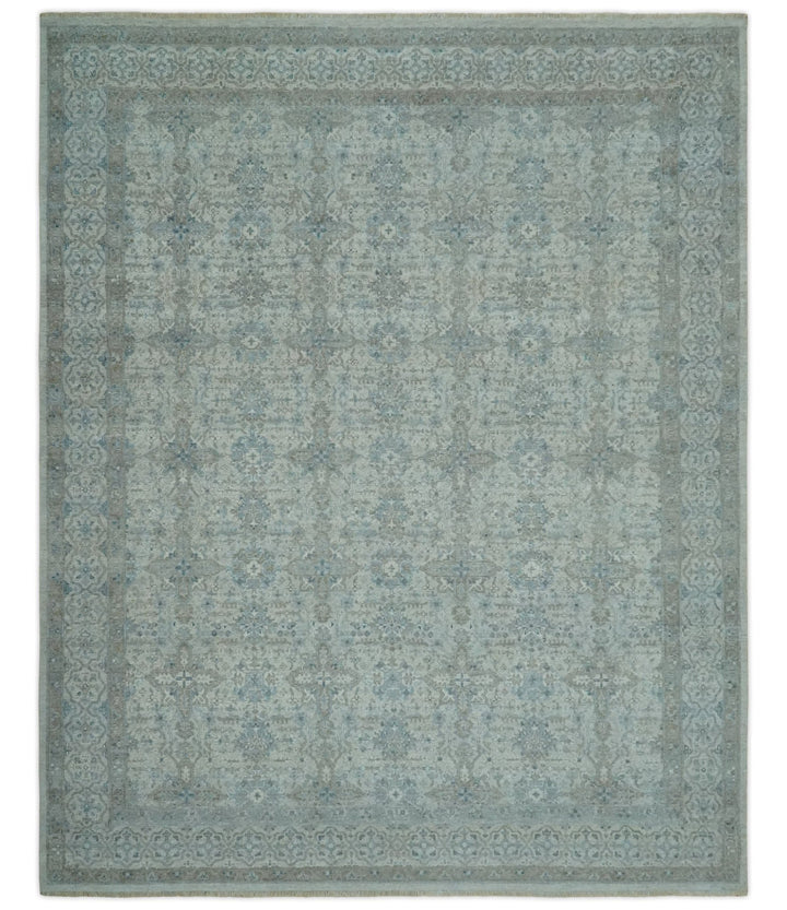 Antique Distress finish Silver, Teal and Brown Hand Knotted Traditional 8x10 wool Rug - The Rug Decor