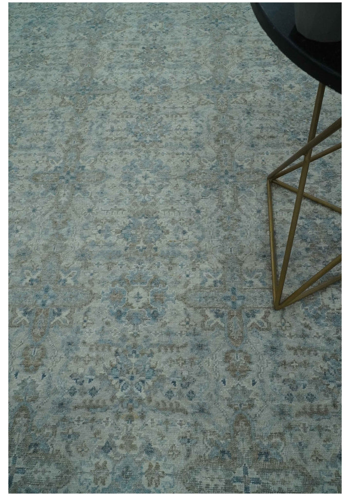 Antique Distress finish Silver, Teal and Brown Hand Knotted Traditional 8x10 wool Rug - The Rug Decor