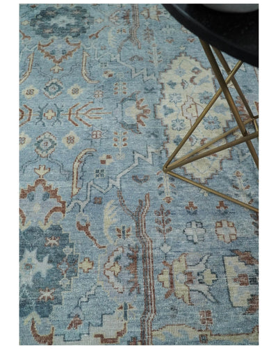 Antique Distressed finished Aqua, Beige and Brown Hand Knotted Low Pile Wool Area Rug - The Rug Decor