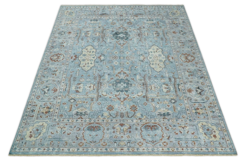 Antique Distressed finished Aqua, Beige and Brown Hand Knotted Low Pile Wool Area Rug - The Rug Decor