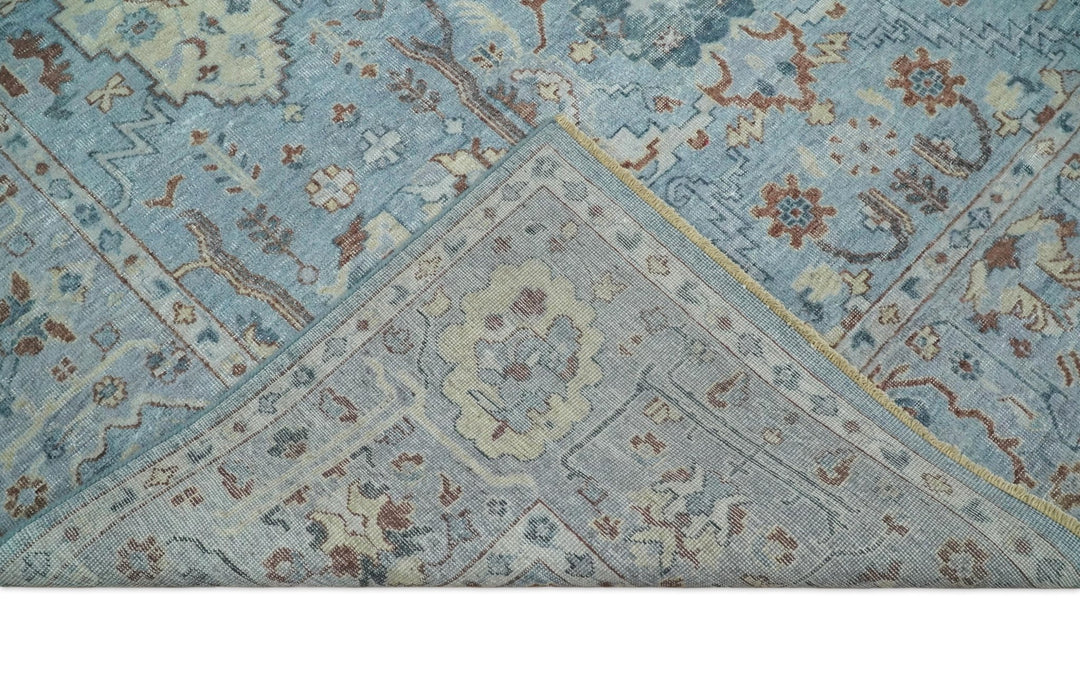 Antique Distressed finished Aqua, Beige and Brown Hand Knotted Low Pile Wool Area Rug - The Rug Decor