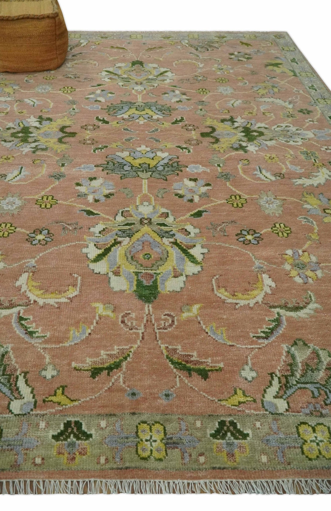Antique Floral Peach, Green, Mustard and Ivory Hand Knotted 9x12 wool area Rug - The Rug Decor