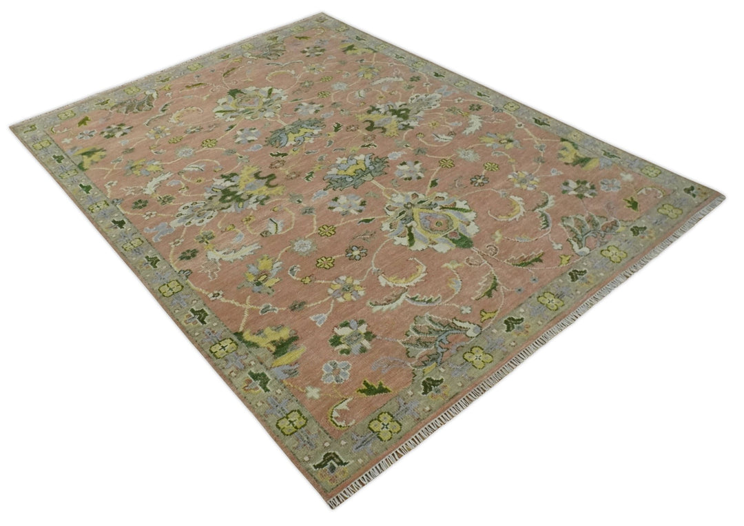 Antique Floral Peach, Green, Mustard and Ivory Hand Knotted 9x12 wool area Rug - The Rug Decor