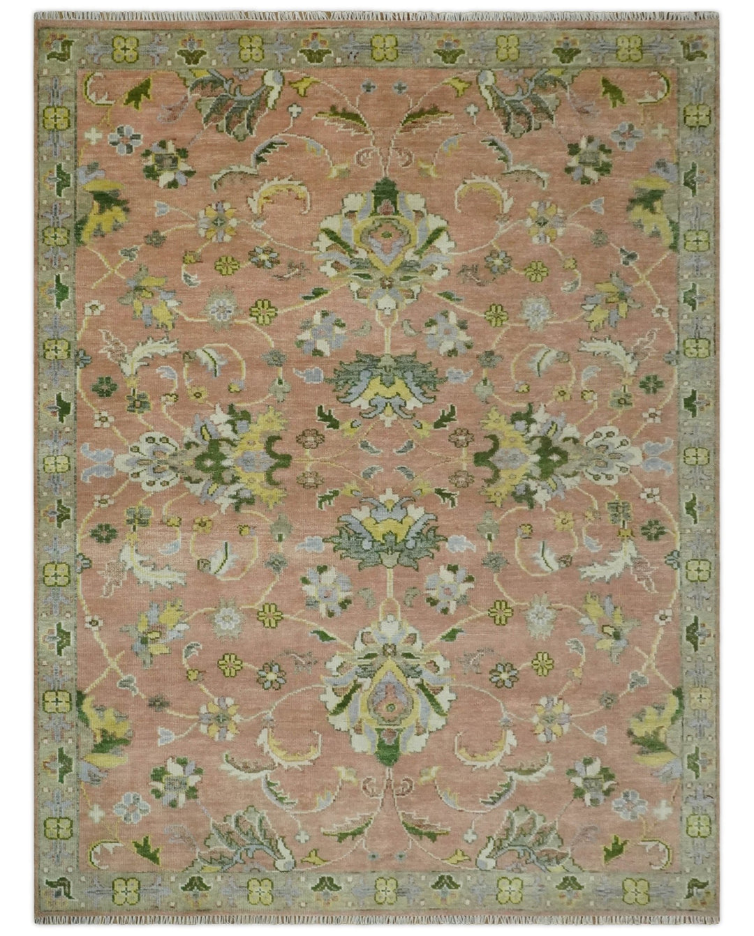 Antique Floral Peach, Green, Mustard and Ivory Hand Knotted 9x12 wool area Rug - The Rug Decor