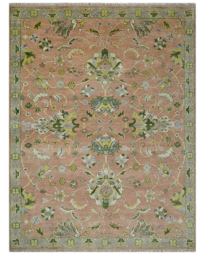 Antique Floral Peach, Green, Mustard and Ivory Hand Knotted 9x12 wool area Rug - The Rug Decor