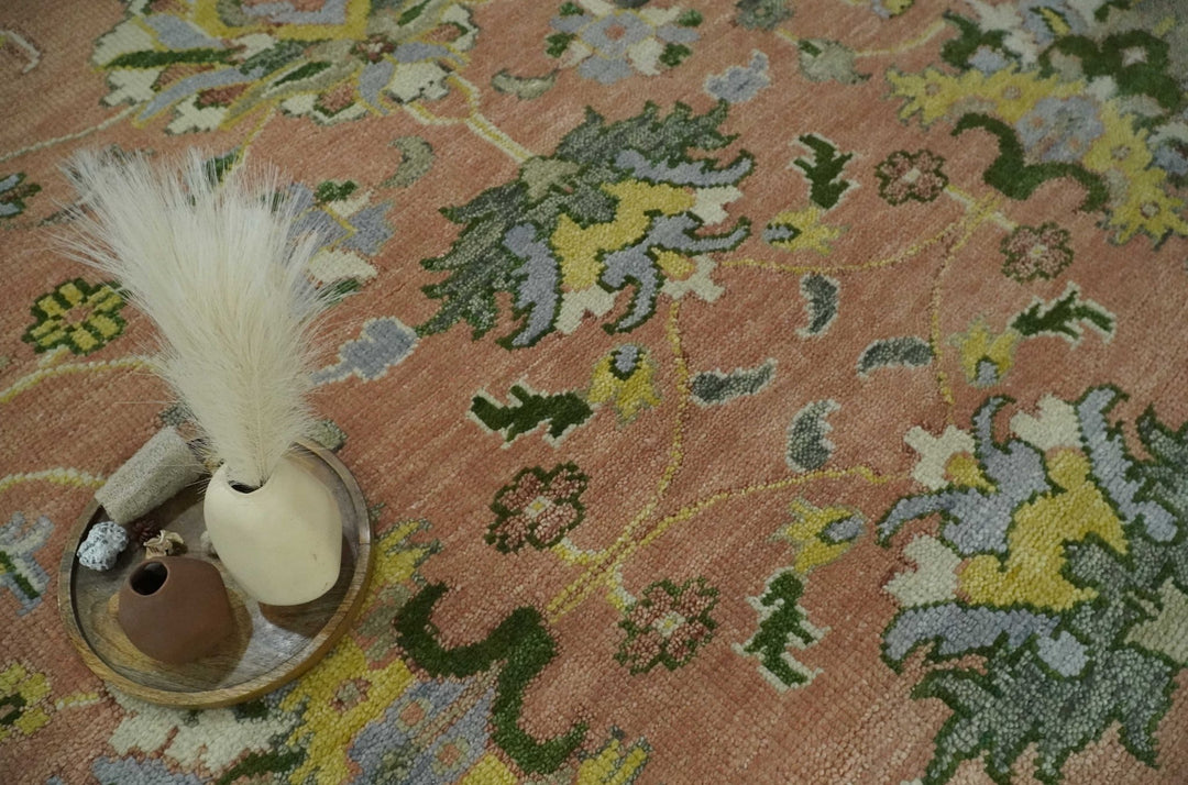 Antique Floral Peach, Green, Mustard and Ivory Hand Knotted 9x12 wool area Rug - The Rug Decor