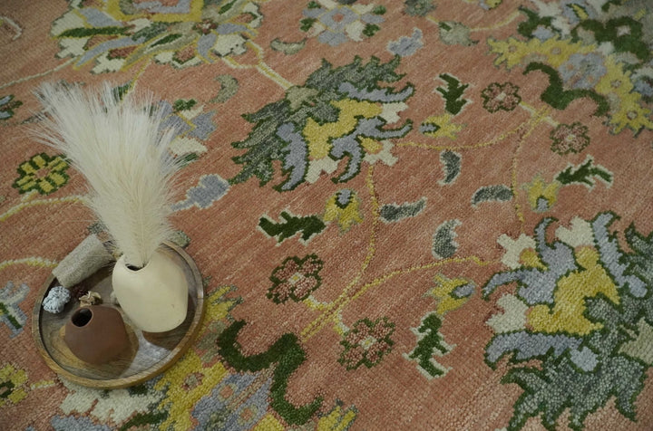 Antique Floral Peach, Green, Mustard and Ivory Hand Knotted 9x12 wool area Rug - The Rug Decor