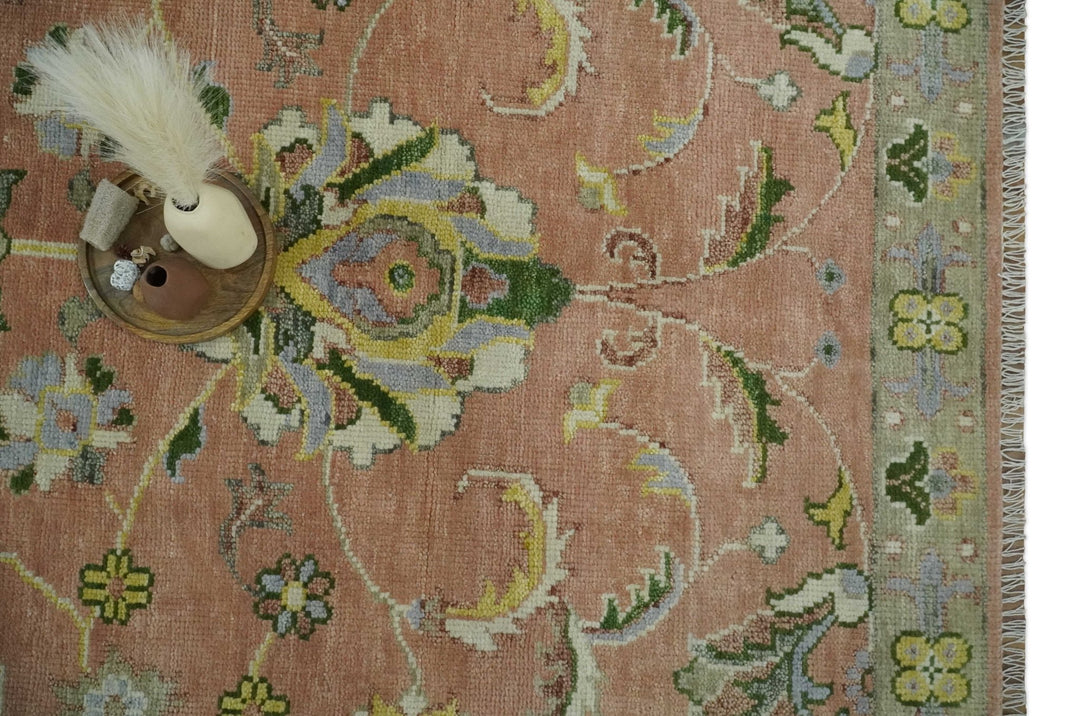 Antique Floral Peach, Green, Mustard and Ivory Hand Knotted 9x12 wool area Rug - The Rug Decor