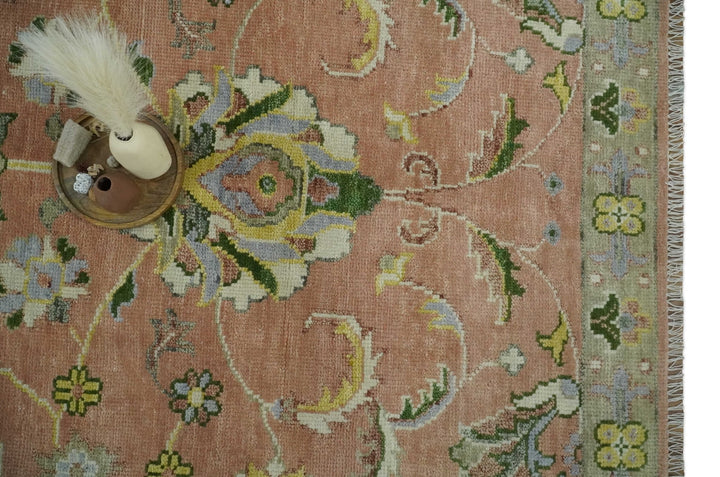 Antique Floral Peach, Green, Mustard and Ivory Hand Knotted 9x12 wool area Rug - The Rug Decor
