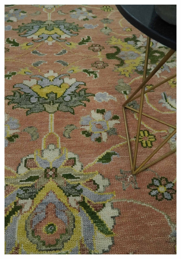 Antique Floral Peach, Green, Mustard and Ivory Hand Knotted 9x12 wool area Rug - The Rug Decor