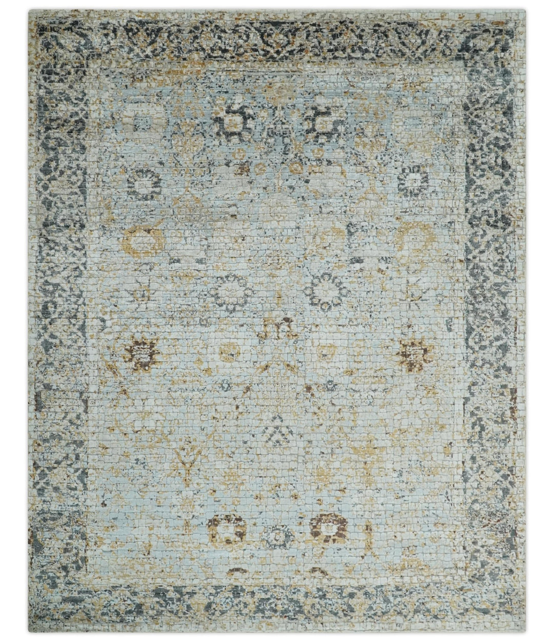 Antique look Aqua, Gold and Charcoal Hand Knotted Carved Texture Traditional Oriental Oushak 8x10 wool Area Rug - The Rug Decor