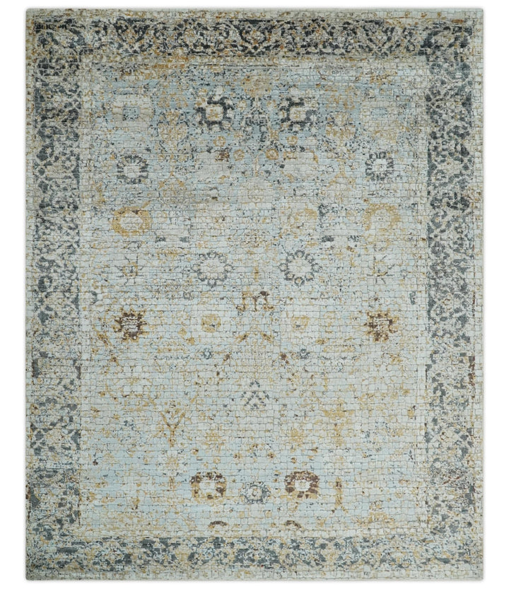 Antique look Aqua, Gold and Charcoal Hand Knotted Carved Texture Traditional Oriental Oushak 8x10 wool Area Rug - The Rug Decor