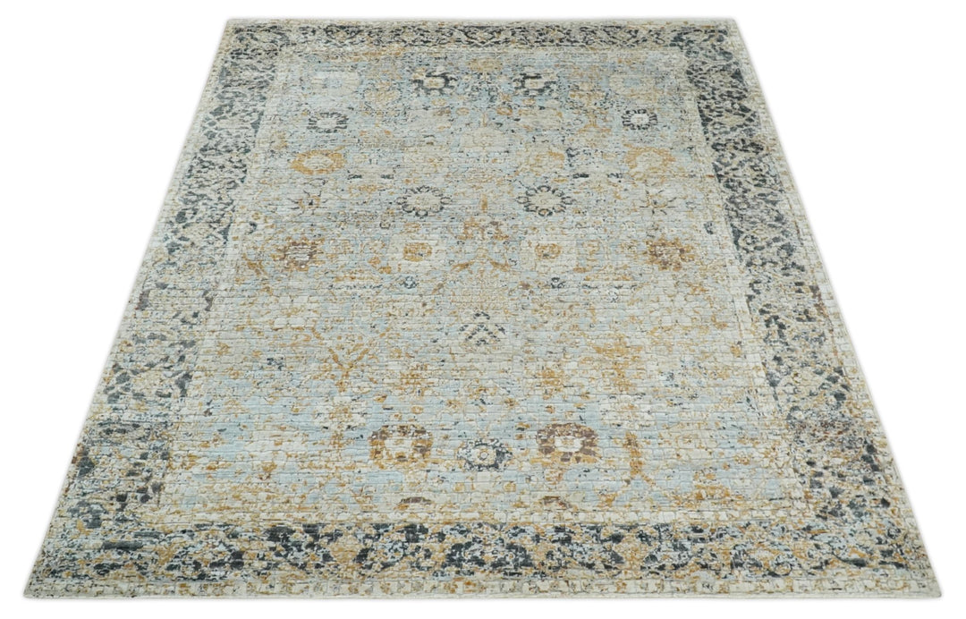 Antique look Aqua, Gold and Charcoal Hand Knotted Carved Texture Traditional Oriental Oushak 8x10 wool Area Rug - The Rug Decor