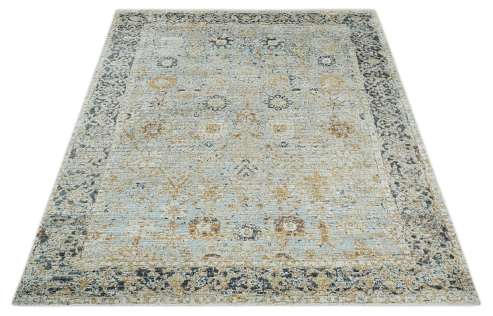 Antique look Aqua, Gold and Charcoal Hand Knotted Carved Texture Traditional Oriental Oushak 8x10 wool Area Rug - The Rug Decor