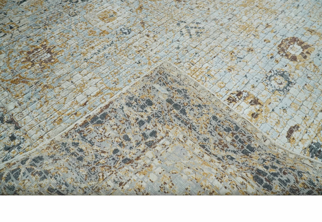 Antique look Aqua, Gold and Charcoal Hand Knotted Carved Texture Traditional Oriental Oushak 8x10 wool Area Rug - The Rug Decor